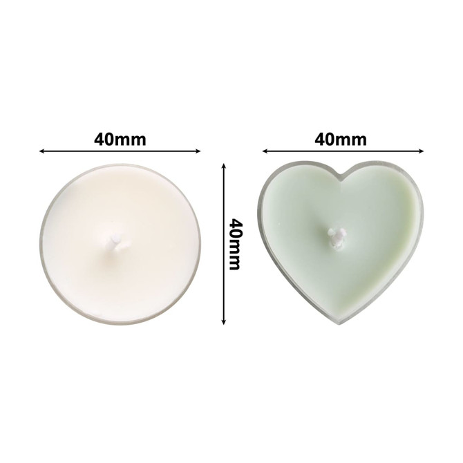 Tealight candles in round and heart shapes, featuring white and light green hues, measuring 40mm each.