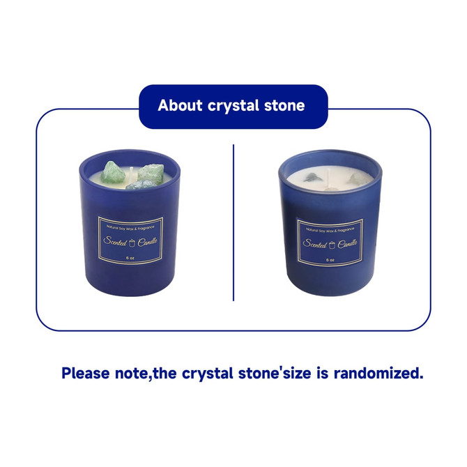 A blue glass candle featuring a crystal stone inside, accompanied by a branding logo.