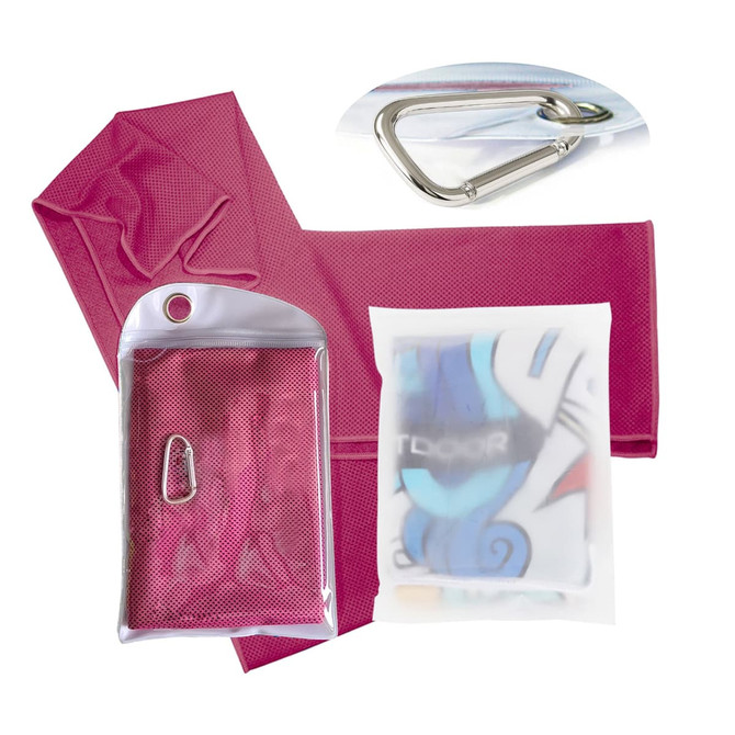 A pink cooling towel with a textured design, packaged with a carabiner and a transparent pouch.