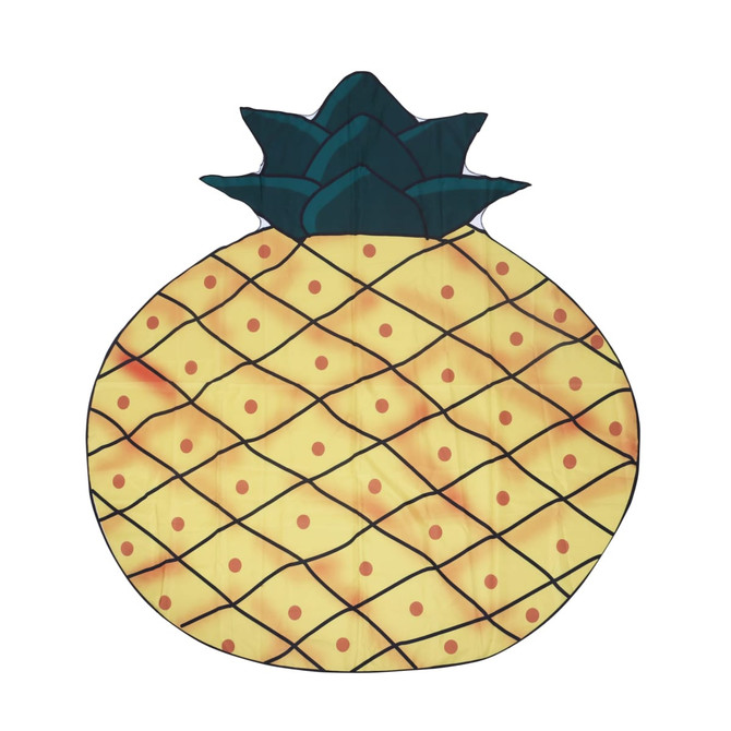 A custom-shaped beach towel in the design of a pineapple, featuring yellow, green, and brown colours.