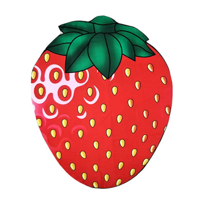 A custom-shaped beach towel in the design of a red strawberry with green leaves. It features a logo.