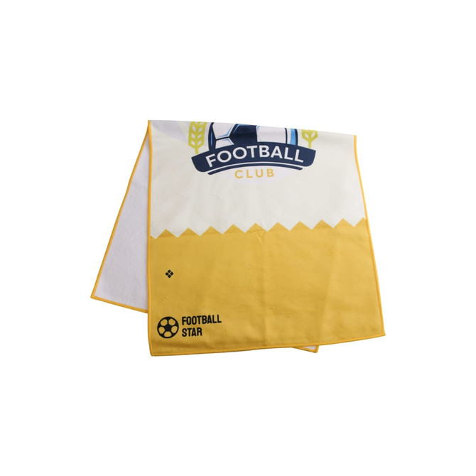 A yellow and white sports towel featuring a logo and graphic design, folded neatly. Measurements are 50x100cm.