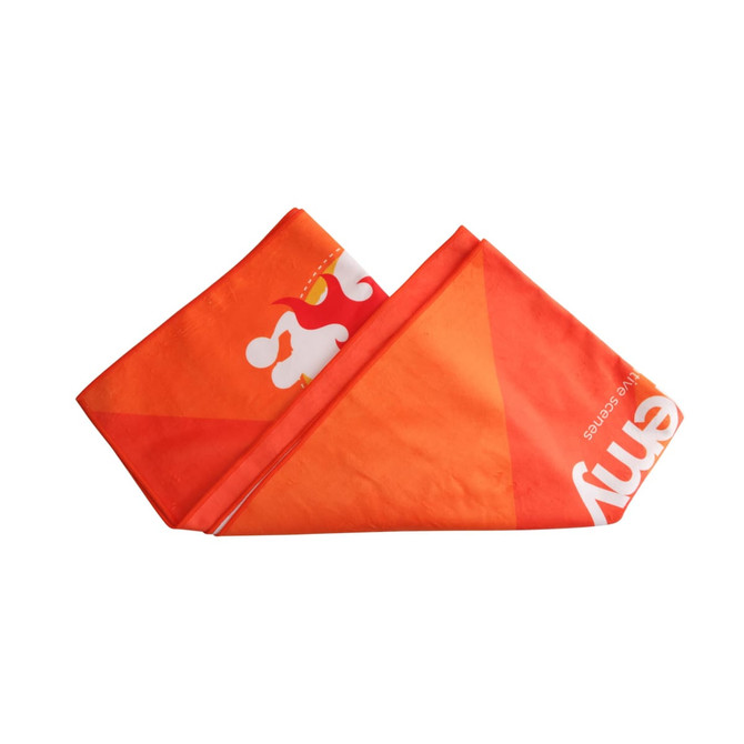 An orange sports towel folded, featuring a branded logo and geometric design. Sized 75x160cm, suitable for gym use.