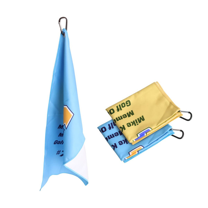 A blue and yellow golf towel with a clip, featuring various designs and a logo.
