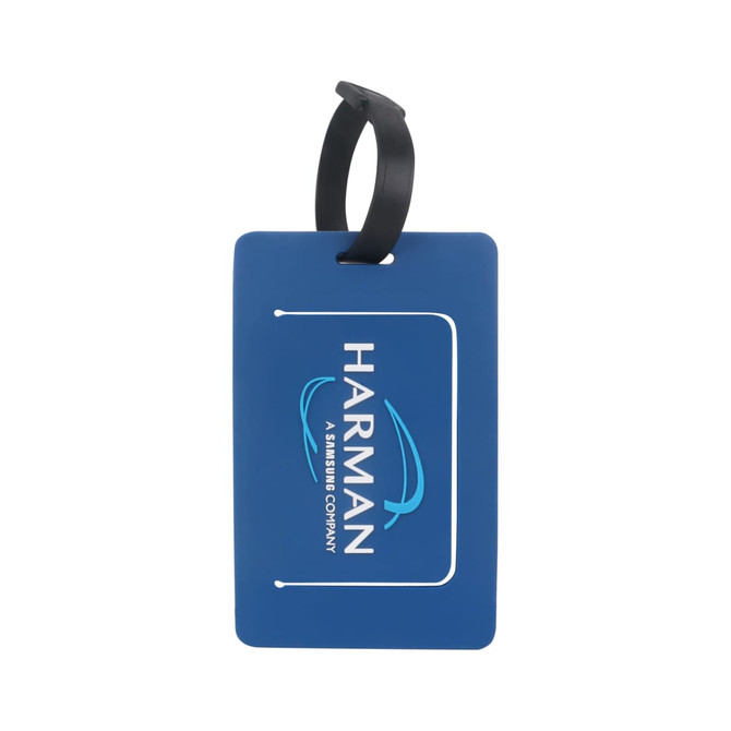 A blue custom-shaped PVC luggage tag features a black attachment and includes a logo.