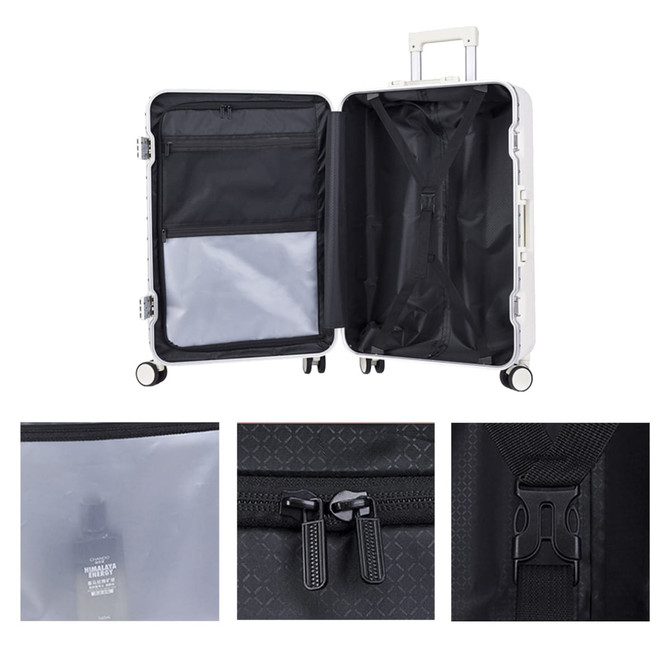 A ribbed ABS suitcase in white with an open interior showcasing pockets, zippers, and a logo.