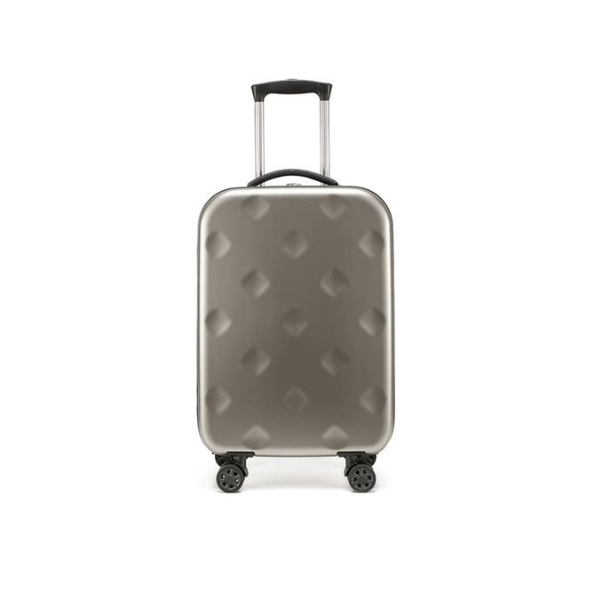 A collapsible suitcase in grey with a textured surface, featuring a retractable handle and four wheels.