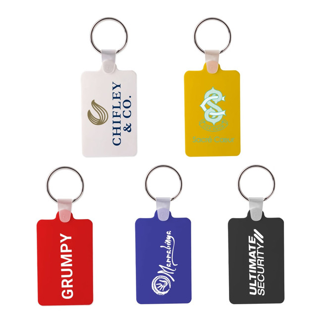 A collection of five rectangular keyrings in various colours, each featuring different logos or branding.