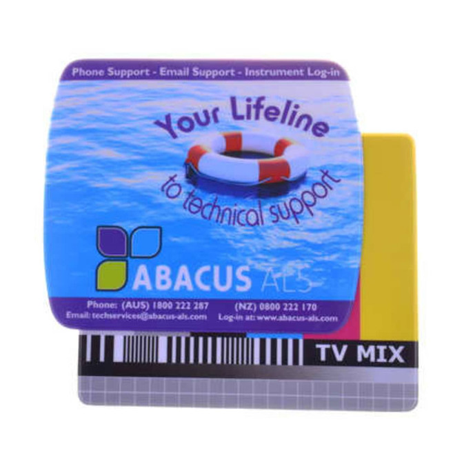 A mouse mat featuring a colourful design with a logo, primarily in blue and yellow tones.