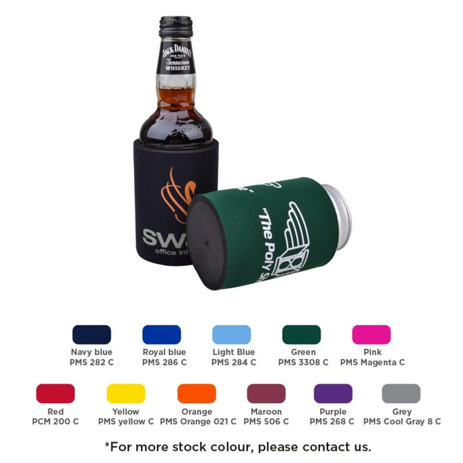 A drink bottle in a navy stubby holder with a green base, featuring a logo and various colour options below.