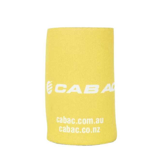A drink bottle stubby holder in bright yellow with a logo, designed to keep beverages cool.