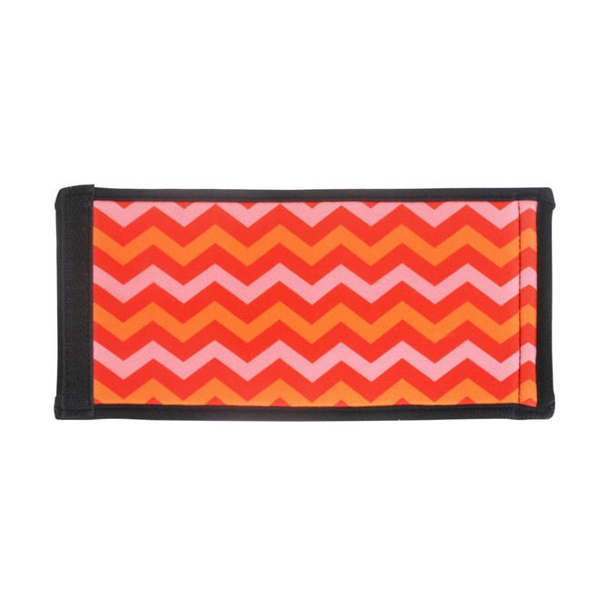 A drink bottle holder featuring a vibrant orange and pink chevron pattern, with a black trim and a logo.