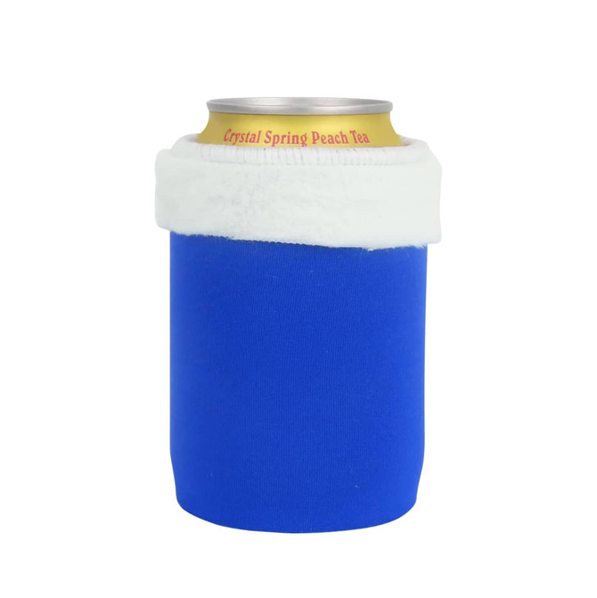 A drink bottle holder in blue with a white fleece top, featuring a logo.