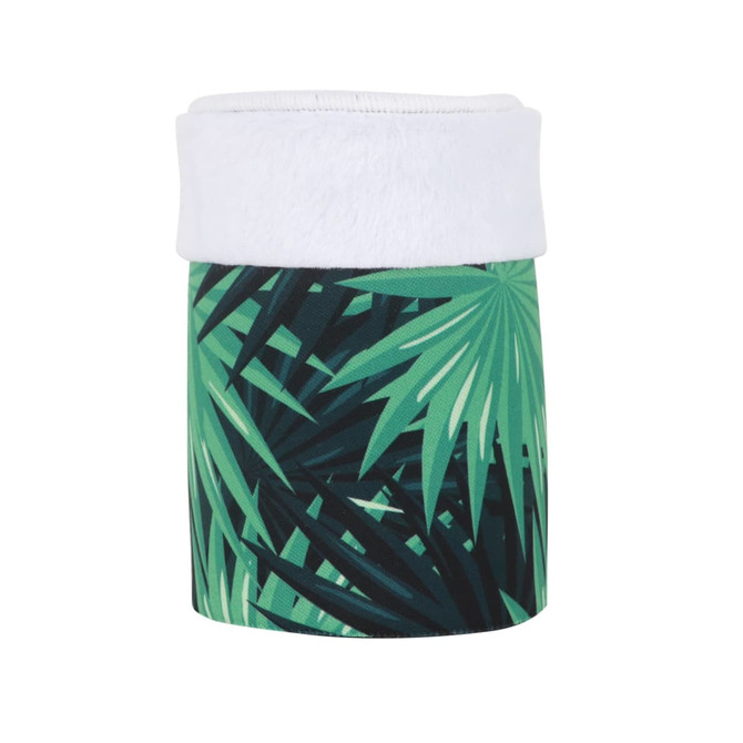 A drink bottle holder featuring a green tropical leaf design with a white fluffy top. It has a logo.