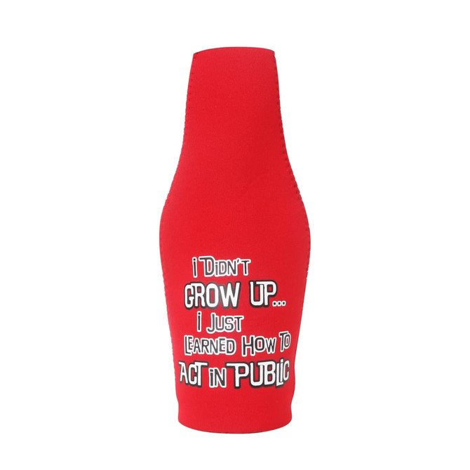 A drink bottle cooler in red with a fitted design and a logo.