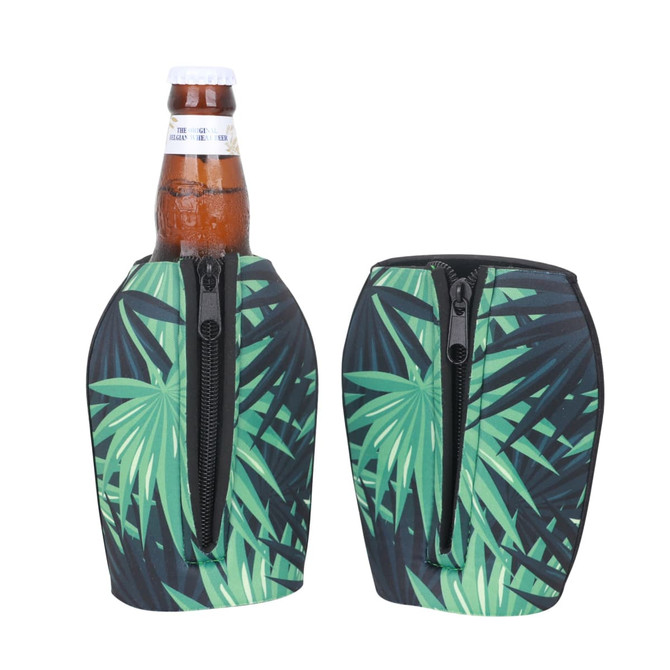 A drink bottle cooler with a zipper, featuring a green leafy design, designed to fit standard drink bottles.
