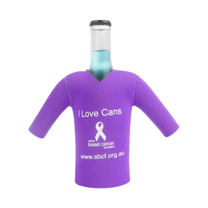 A drink bottle cooler in purple resembling a cricket jersey, featuring short sleeves and a logo.