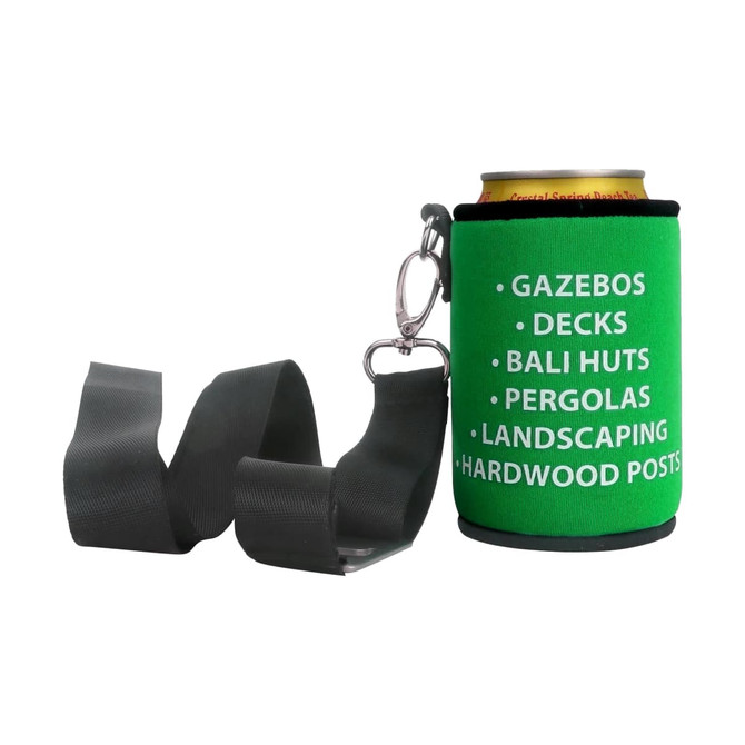 A drink bottle holder in green with a silver carabiner, featuring a list of services in white text.