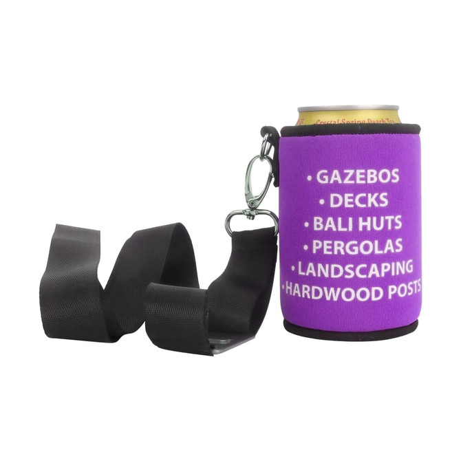 A drink bottle holder in purple with a black strap and a metal carabiner, designed for holding cans.