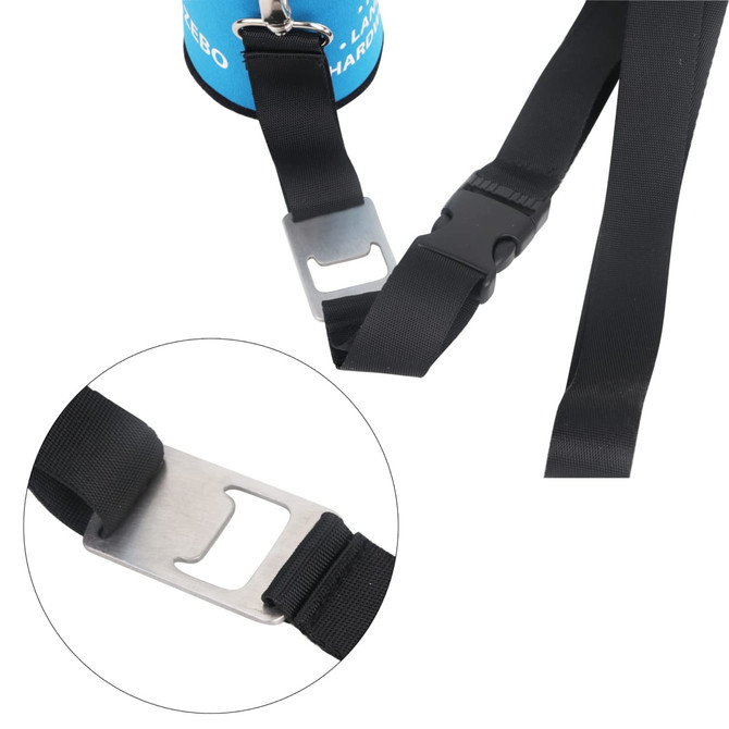 A drink bottle stubby holder in blue with a black strap and metal clip for securing. Features a logo on the holder.