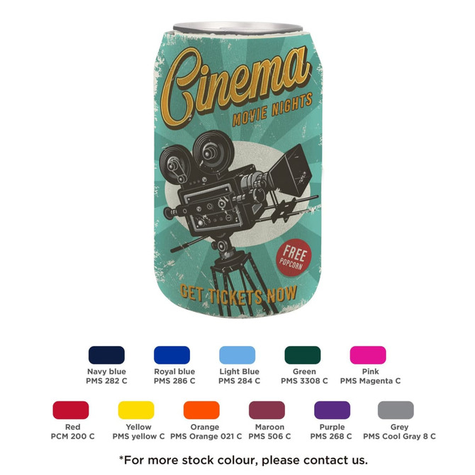 A drink bottle holder featuring a cinema design with vintage film projector graphics in teal, red, and pink.
