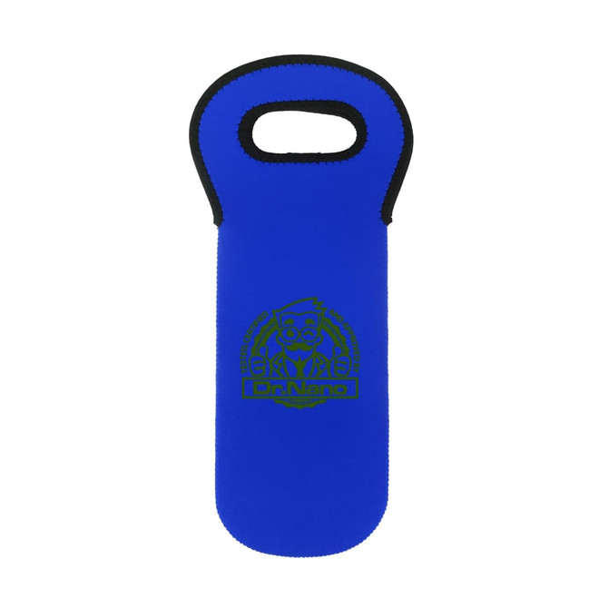 A drink bottle cooler in blue, featuring a handle and a logo. Soft, insulated material for keeping beverages cool.