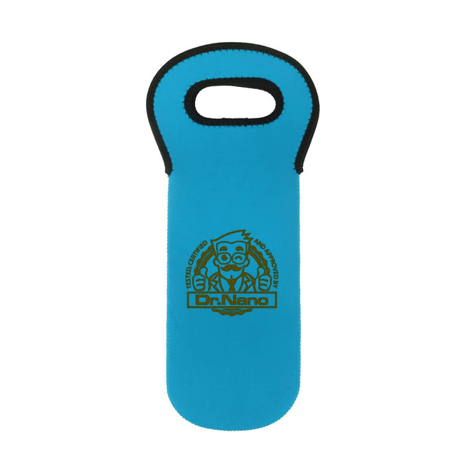 A drink bottle cooler in bright blue, featuring a handle and a logo.