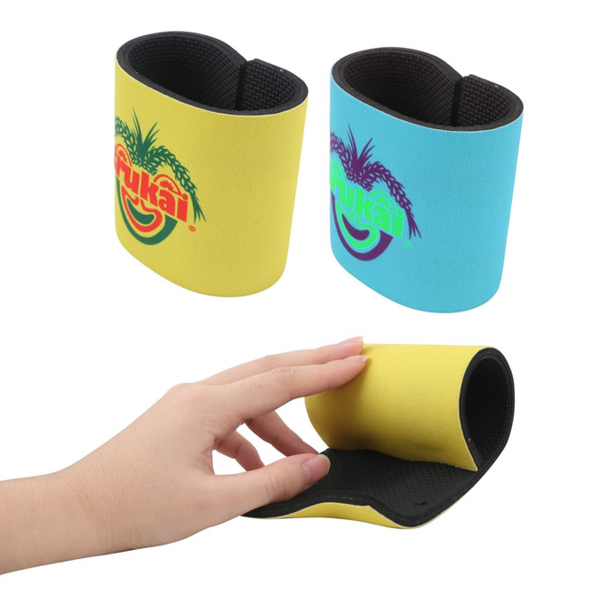 A drink bottle cooler featuring vibrant yellow and blue colours with a logo, designed to fit snugly around a bottle.