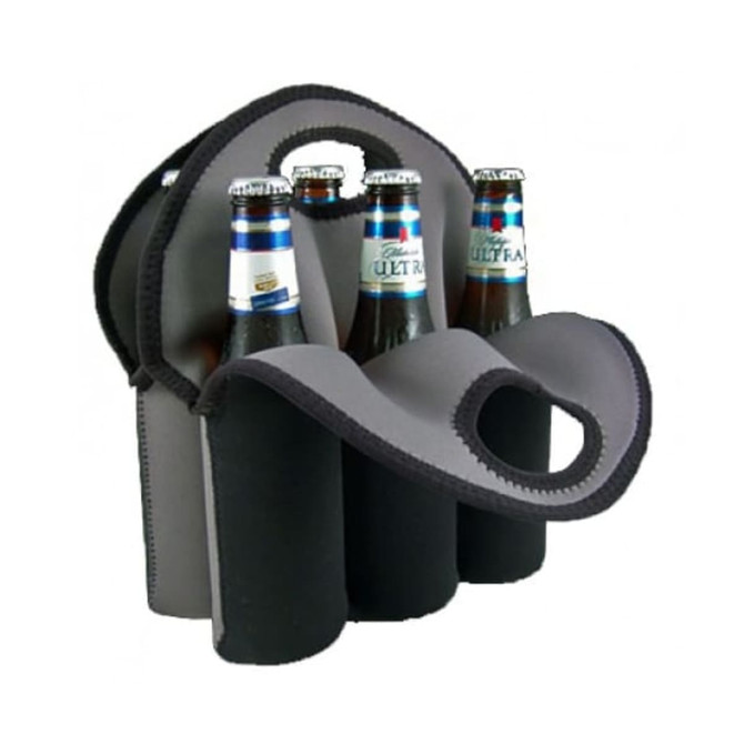 A drink bottle cooler in grey, holding six bottles, featuring a convenient carrying handle and a branded logo.