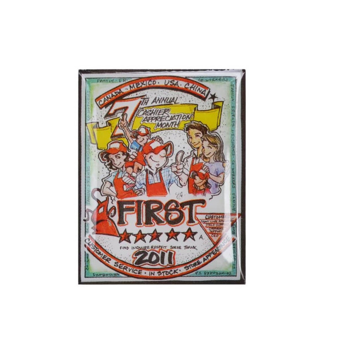 A colourful promotional printed pin featuring a cartoon design with multiple characters, framed in a decorative border.