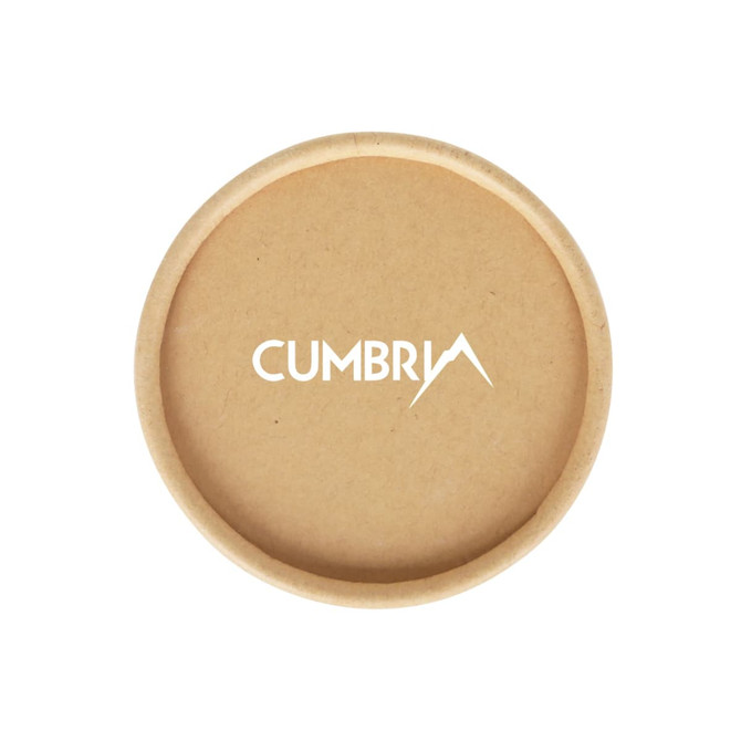 A small cylindrical paper box in natural brown with a logo on the top. Dimensions are 65 x 130mm.