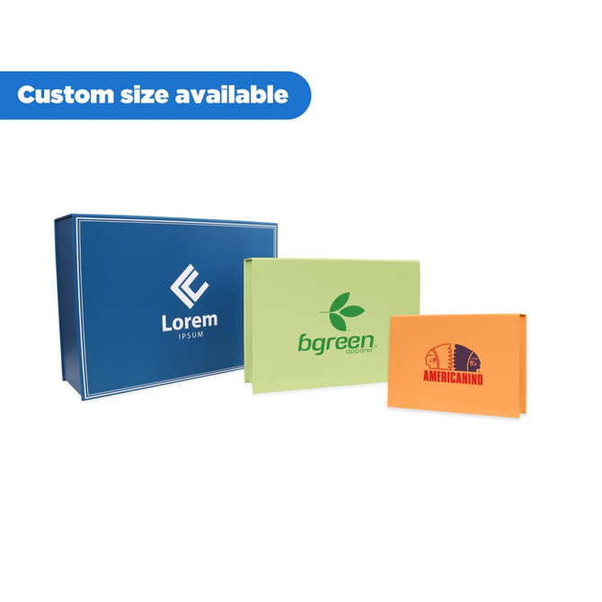 Three custom gift boxes in blue, green, and orange, featuring various logos and available in custom sizes.
