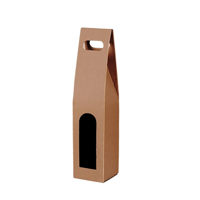 A drink bottle packaging in a brown, eco-friendly cardboard box with a handle and a transparent window.