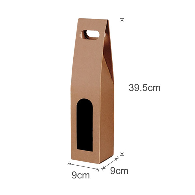 A drink bottle packaging in brown cardboard, featuring a handle and a window cut-out, measuring 39.5cm tall and 9cm wide.