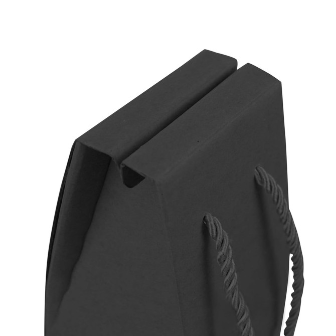 A black single bottle wine box featuring a rope handle and a folded top. Includes a branding logo.