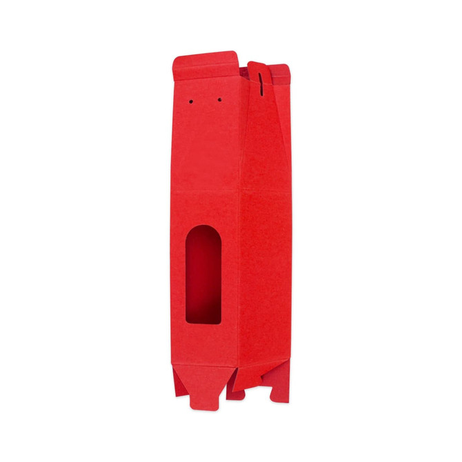 A single red wine box with a rope handle and a clear window cut-out, designed for packaging a drink bottle.