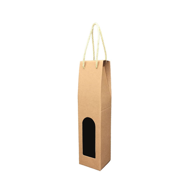 A drink bottle packaging in brown kraft paper with a rope handle and a black window for visibility.