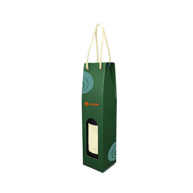 A green single bottle wine box featuring a rope handle and a window to display the bottle inside. Includes branding.