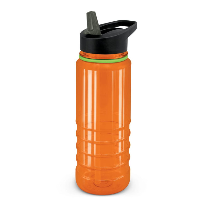 A drink bottle in vibrant orange with a black cap and green accent, featuring a textured grip design.