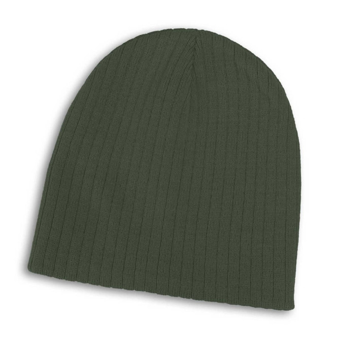 A dark green cable knit beanie with a ribbed texture and a logo.