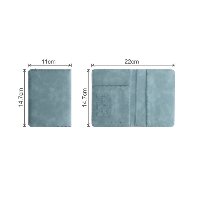 A teal RFID multifunctional PU leather passport holder with multiple card slots and dimensions displayed.