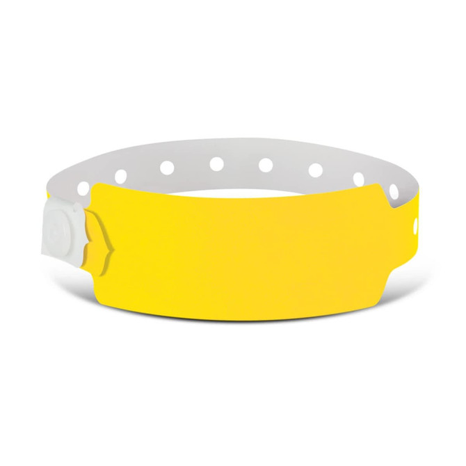 A plastic event wristband in bright yellow, featuring a tab closure and several holes for adjustable fitting.