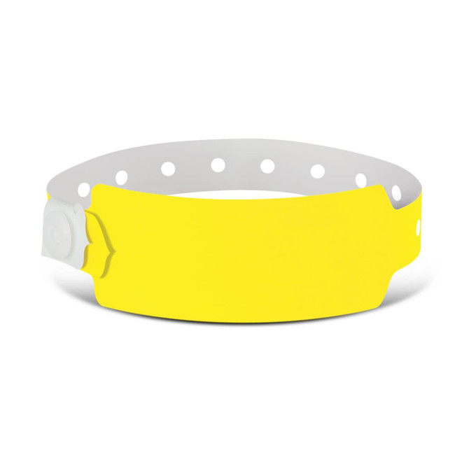 A yellow plastic event wristband with a secure fastening mechanism, featuring a smooth surface for customization.