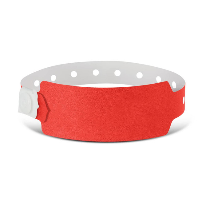 A plastic event wristband in vibrant red color with a secure snap closure and perforated design for adjustability.