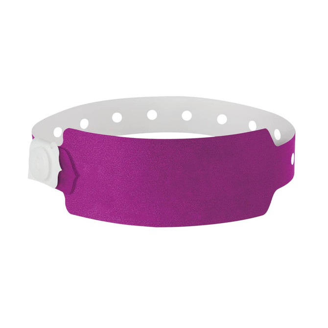 A purple plastic event wristband with a white section and circular cut-outs, designed for use at events.