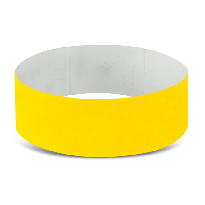 A yellow Tyvek event wristband with a smooth texture, designed for exhibitions and events.