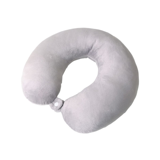 A light grey U-shaped travel pillow with a soft texture and a fastening clip. It has a logo on it.