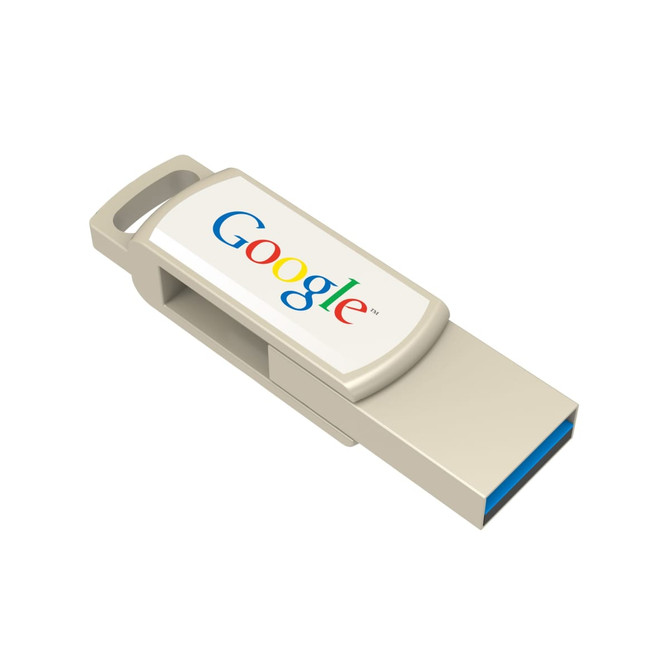 A silver and blue flash drive with a logo, featuring a glossy surface and a removable cap.