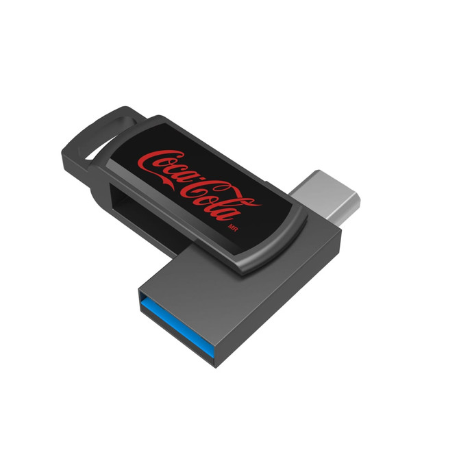 A black and silver USB flash drive with a logo, featuring a blue connector end.