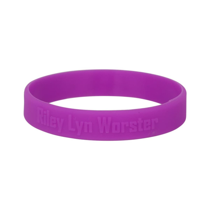 A purple embossed wristband featuring a logo, designed for exhibitions and events.